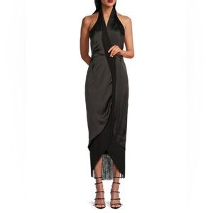 NWT BCBGMAXAZRIA Fringe Trim Halter Maxi Dress Black